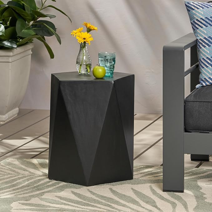Outdoor Side Table Concrete Side Table Pentagonal End Tables Small Stone Coffee Tables Patio Garden Stool Plant Stand for Porch, Backyard Balcony,Weather Resistant, 16",Black