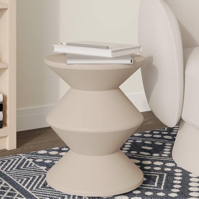 LeisureMod Aura Collection Modern Round Side Table - Ivory ABS Plastic Double-Hourglass Pedestal - No Assembly Weatherproof Accent Furniture for Living Room, Patio & Outdoor Decor