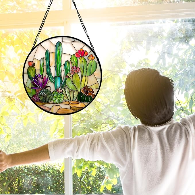 DASTOLL Stained Glass Window Hanging, White Green Cactus Suncatcher Diamond Glass Panel Hangings Sun Catchers Decor for Birthday for Women, Men, Wife, Aunt, and Mom 7.8 in