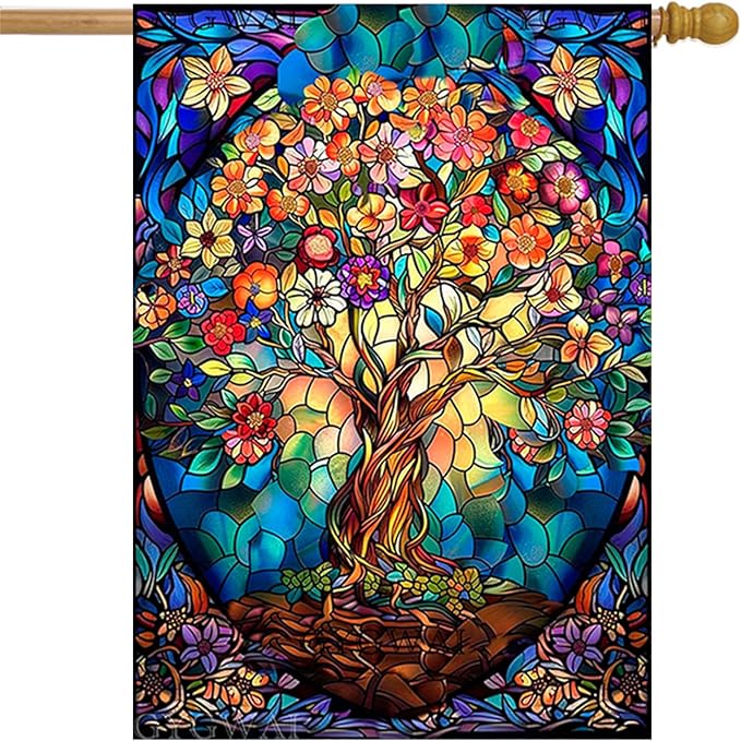 Floral Tree of Life Garden Flags for Outside, Stained Glass Spring Summer House Flag Large Burlap Yard Flag Double Sided Seasonal Outdoor Decoration 28x40 Inch