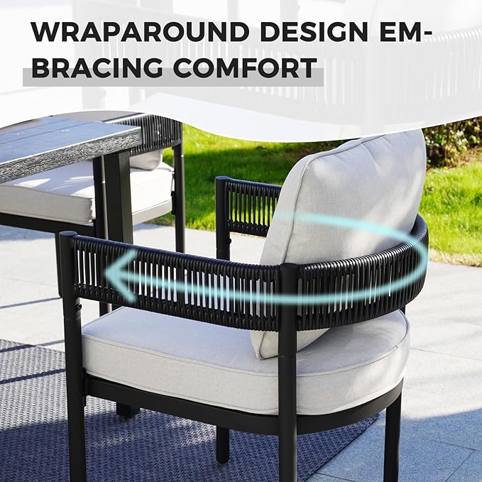 Grand patio 7-Piece Outdoor Dining Set for 6 with 1 Rectangle Expandable Table for 4-6 Person, Metal Woven Wicker Fixed Patio Chairs with Thickened Cushions for Yard, Poolside, Deck (Black)