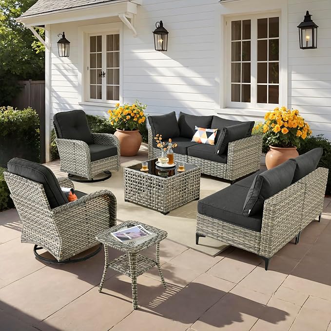 Outdoor Patio Furniture Sets, 8 PCS Patio Conversation Set Outside Rattan Sectional Sofa with Wicker Rocking Chairs Coffee Table Soft Cushion Fit Backyard Porch Garden Poolside Balcony