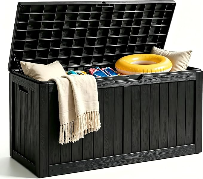 155 Gallon Outdoor Deck Storage Box, Large Waterproof Resin Patio Storage Box, Lockable Bench Seat Holds 2 Adults, for Garden Tools, Cushions & Pool Floats, UV & Rust Resistant, Black