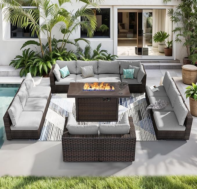 13 Piece Patio Furniture Set with Fire Pit Table All Weather PE Rattan Outdoor Sectional Sofa Couch with No-Slip Cushions for Garden, Poolside, Backyard (Grey)