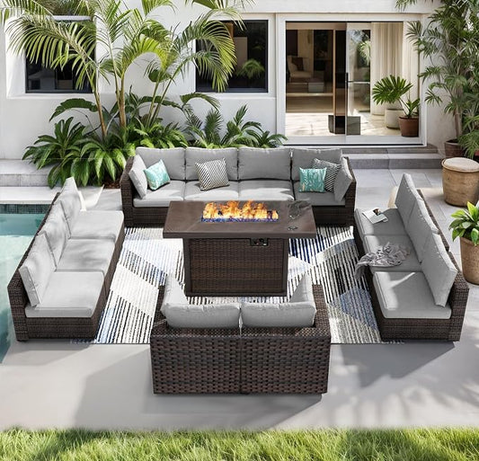 13 Piece Patio Furniture Set with Fire Pit Table All Weather PE Rattan Outdoor Sectional Sofa Couch with No-Slip Cushions for Garden, Poolside, Backyard (Grey)