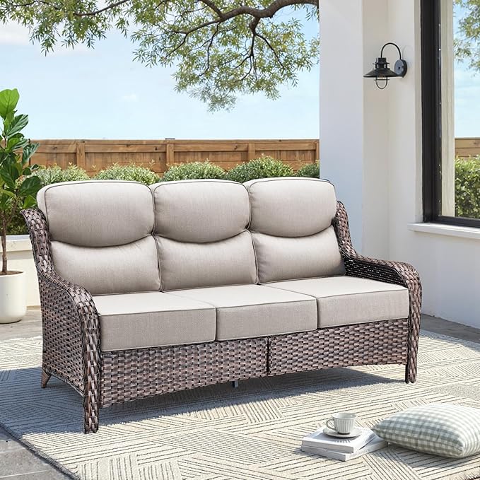 Luxury Outdoor Patio Furniture Set-Wicker High Backrest 3-Seat Patio Sofa with Comfy 6" Cushion, Rattan Couch with Deep Seat All-Weather Patio Conversation Set for Deck Backyard Garden(Brown/Beige)