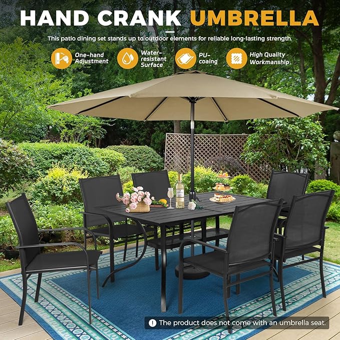 Incbruce 8 Pieces Patio Dining Set with Brown Umbrella, Outdoor Dining Set of 6 Textilene Chairs and Rectangle Table with Umbrella Hole for Backyard, Garden, and Poolside (Black)