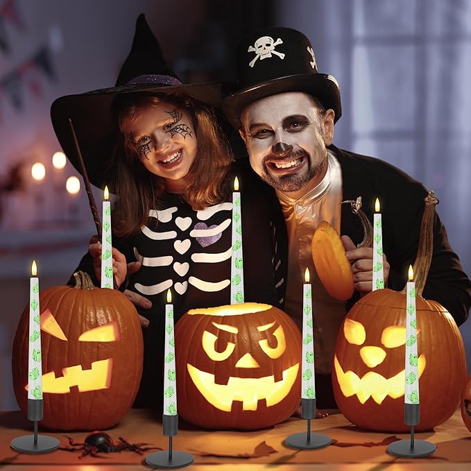 Halloween Flameless Taper Candles with Ghosts Glow in The Dark, Real Wax Battery Operated Candles with Remote, 3 Pack Flickering Halloween Led Candlesticks for Party Home Decor