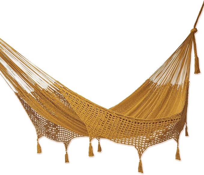 NOVICA Handmade Amber Cotton Hammock (Triple) with Macrame Panels - Double-Sized, Comfortable and Durable Outdoor Hamaca for Travel, Camping - 100% Cotton, Holds up to 550 lbs, Mirage in Amber'