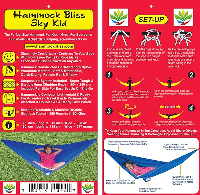 Sky Kid Hammock - Kid's Hammock - Small Camping Hammock, Camping Gear, Indoor/Outdoor - The Ideal Starter Hammocks for K I D S