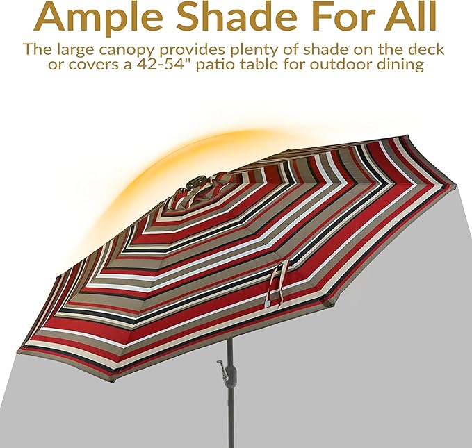 Sunnydaze 9 ft Striped Patio Umbrella with Solar Lights - Polyester LED Table Market Umbrella with Tilt and Crank - Awning Stripe