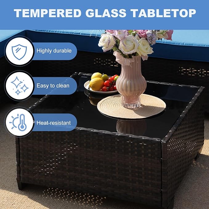 7 Pieces Outdoor Patio Furniture Set, Wicker Conversation Sets with Tea Table, Rattan Patio Sofa with Thick Cushions for Garden, Backyard Porch, Poolside,Peacock