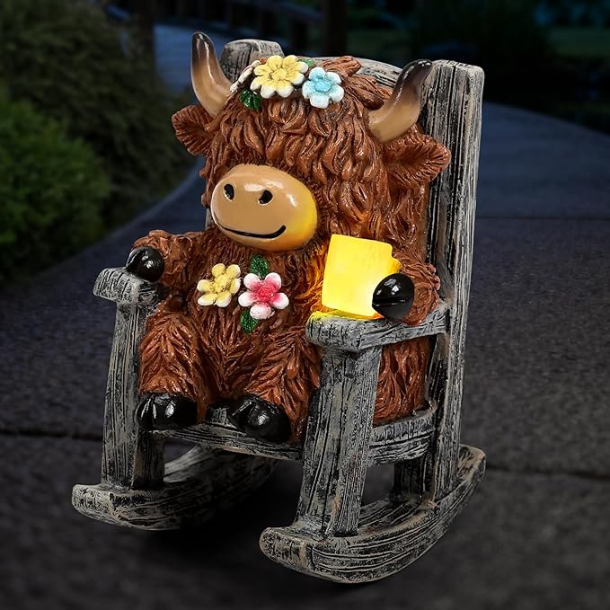 Tfro & Cile Miniature Solar Highland Cow Garden Statue Outdoor Light Decor Yard Ornament Unique Housewarming Gift for Lawn Patio Balcony