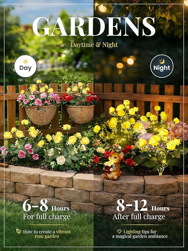 GIGALUMI Solar Lights Outdoor for Garden Decor, 4 Pack Solar Flower Lights Waterproof, 2 Lighting Modes 28 Roses for Pathway,Yard, Patio Decoration, Gardening Gifts for Women (Yellow)
