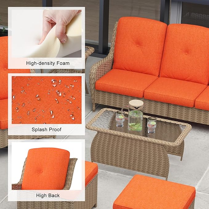 kinbor Outdoor Sectional Furniture - Outdoor Patio Conversation Sets, 7 Pieces Outdoor Sectional Sofas with Swivel Rocking Chair, Brown Wicker Rattan Patio Furniture Set, Orange