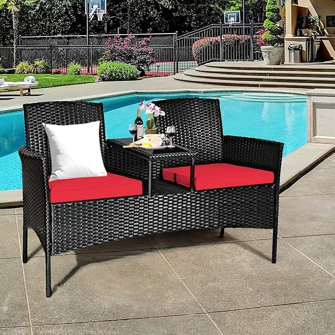 Patio Conversation Furniture Set, Outdoor Wicker Rattan Loveseat Sofa Set w/Tempered Glass Top, 2 Removable Cushions & Coffee Table, Ideal for Balcony/Garden/Lawn/Backyard, Red