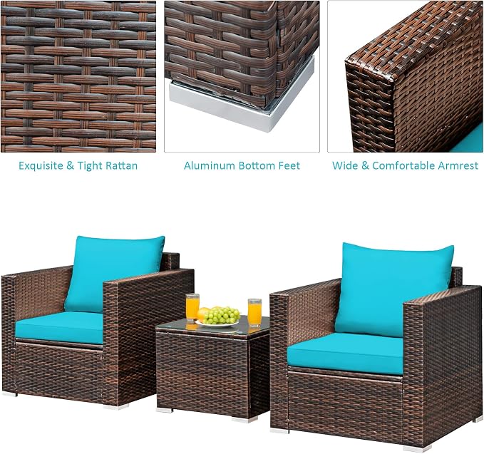 COSTWAY 3-Piece Patio Furniture Set, Outdoor Wicker Rattan Sofa with Cushions and Coffee Table with Tempered Glass, Modern Conversation Chair Set for Poolside Backyard Balcony Lawn (Turquoise)