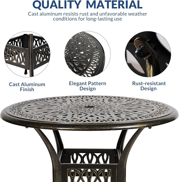 5-Piece Outdoor Patio Dining Set, All-Weather Cast Aluminum Patio Table Set, Include 4 Cushioned Chairs and a 35.4 inch Round Table w/Umbrella Hole for Balcony Garden Backyard, Red