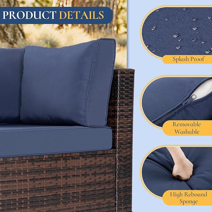 FHFO 14 Piece Outdoor Wicker Patio Furniture Set, Brown/Blue | Sectional Sofa | All-Weather Hand-Woven Rattan | Tempered Glass Coffee Table | Free Combination | Indoor & Outdoor Use