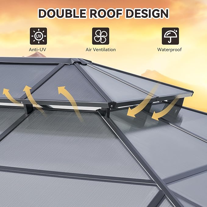 Aoxun 12'x20' Hardtop Gazebo, Outdoor Metal Gazebo with Double Polycarbonate Roof Canopy, Permanent Pavilion with Netting and Curtains for Lawn, Garden, Patio (Gray)