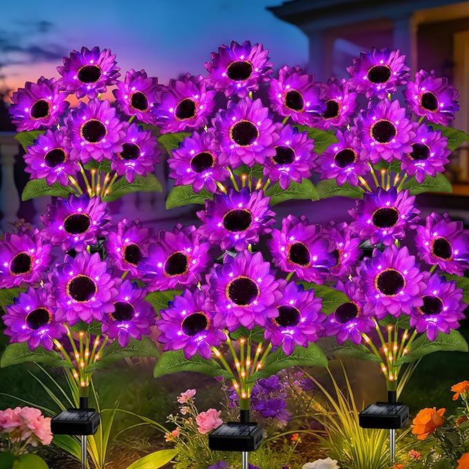 Solar Garden Lights Outdoor, 6 Pack Solar Purple Sunflower Lights with 18 Head 3.4 Inch Flowers, Waterproof Flowers Light Fall Decor Auto ON/Off for Garden Yard Patio Backyard, Gifts for Mom Women