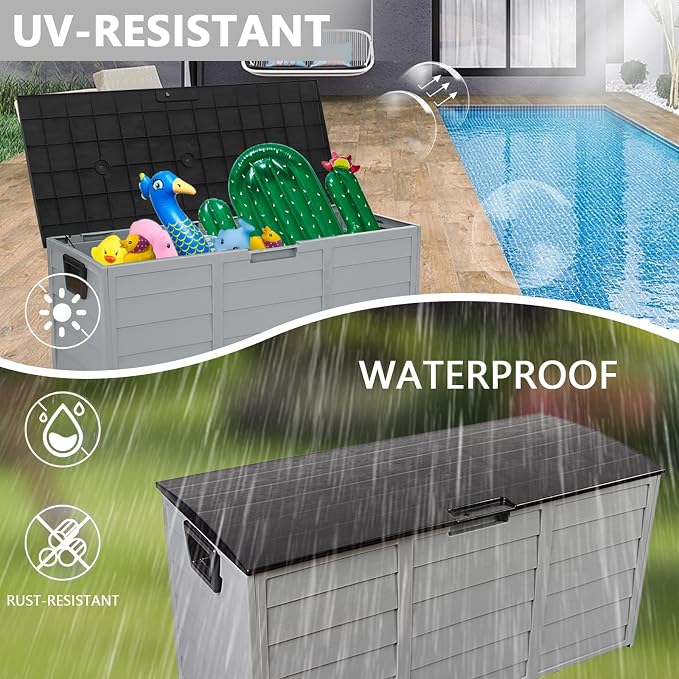 75 Gallon Outdoor Deck Box, Waterproof Storage Box with Wheels, Lockable Wheels, Patio Storage Box Storage, Resin Structure for Garden,Patio (Gray)