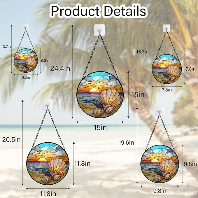 Stained Glass Window Hanging - Colorful Beach Shells Conch Sun Catcher for Door Home Decor Ocean Suncatcher Christmas Mother's Day Birthday Sea Lover Gifts for Women Men Mom Nana 11.8 in
