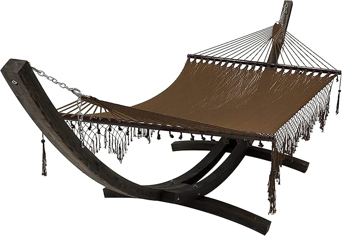 14 Ft. Wooden Arc Hammock Stand + Deluxe Hand Woven Bohemian Chic Rope Hammock Bed. 2 Person Bed. 450 LB Capacity(Coffee Stain/Brown)