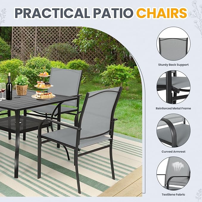 7-Piece Patio Dining Set,6 Person Outdoor Table and Chairs Set, 6 Metal Dining Chairs and Rectangular Outdoor Table with 1.57" Umbrella Hole,Grey