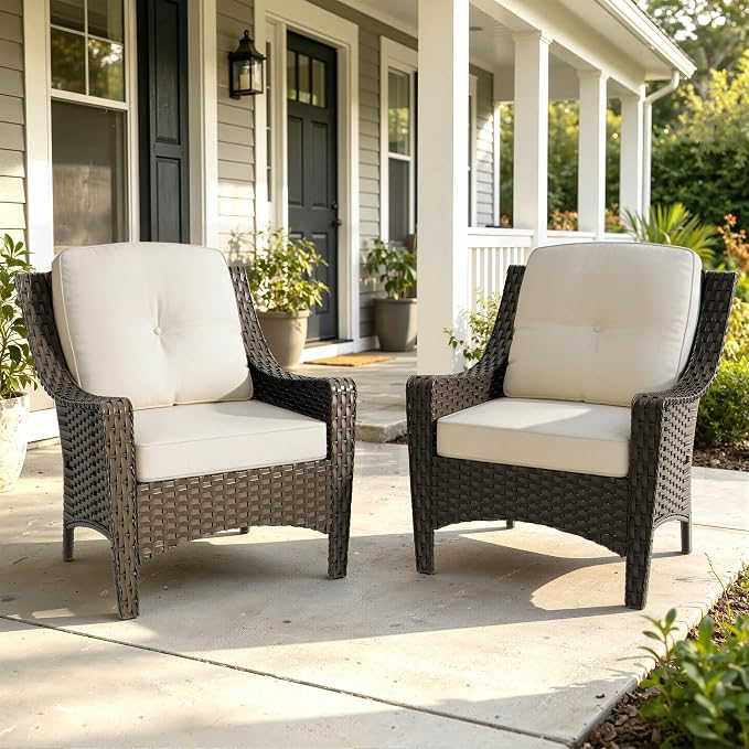 Patio Wicker Chair Set of 2 with High Back, All Weather PE Wicker Chair with Waterproof Cushion for Porch, Backyard, Balcony, Deck