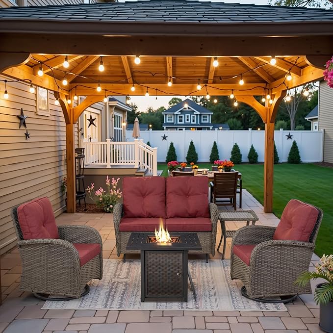 Belord 5 Pieces Patio Furniture Set with 30” Propane Fire Pit Table, Deep Seating Swivel Rocker Glider Outdoor Chairs Set of 4 with Side Table Set of 2 Patio Conversation Set Gray Wicker