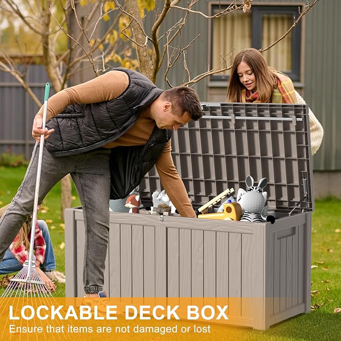 DRATO 150 Gallon Outdoor Storage Box Waterproof, Large Resin Lockable Outdoor Deck Box with Lid, Weatherproof Container for Patio Furniture Cushions, Garden Tools, Pool Accessories (Grey, 150 Gallon)
