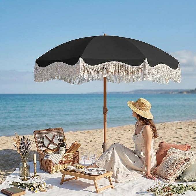 7ft Patio Umbrella with Fringe, Boho Beach Umbrellas, Outdoor Tassels Umbrellas with Push Button Tilt & Carrying Bag, 8 Windproof Fiberglass Ribs, UPF50+