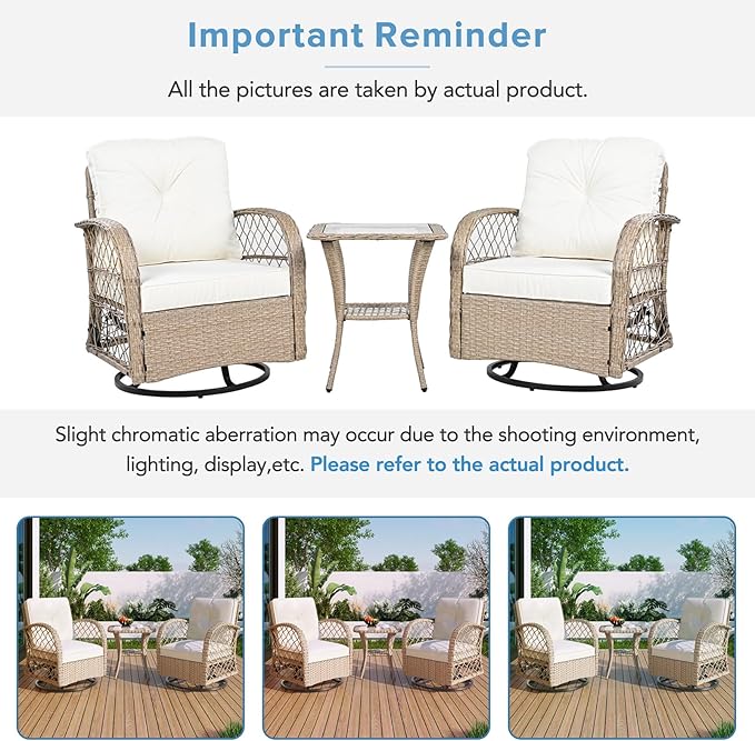 3-Piece Outdoor Chair&Table Set Chat Set, Outdoor Patio Set Modern Rattan Chair Furniture Sets with Two Swivel Chairs and a Square Table 2-Person Rattan Seating Group for Garden, Balcony, Natural
