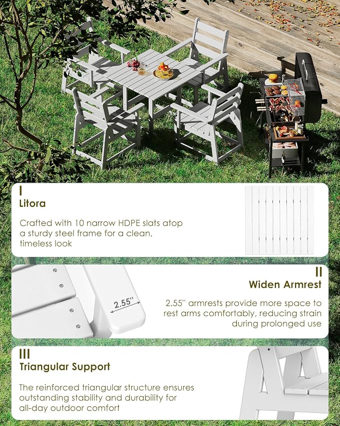 GREENVINES 5-Piece-Outdoor-Dining-Set | HDPE | Square | Patio Furniture | All Weather | Removable Armrests | Slatted Table and Chairs Sets for 4 | for Backyard Poolside Garden | White