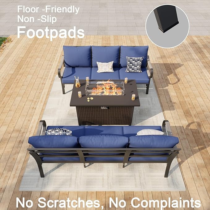 3 Pieces Patio Furniture Set, Metal Outdoor Conversation Sets with Fire Pit Table for Backyard Garden Deck Porch Poolside (Thick Blue Cushions)