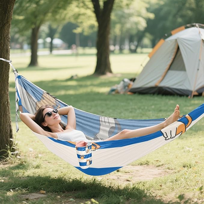 Blue White Striped Cat Paw 330lb Capacity Camping Hammock with Hanging Rope Portable Hammock for Outside Camping Essentials Silla hamacas para adultos