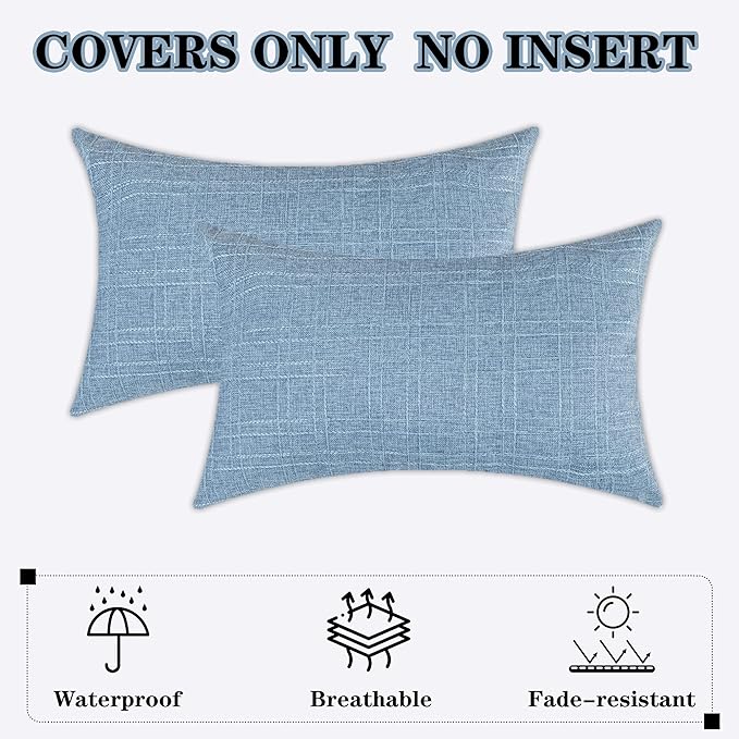 Kevin Textile Outdoor Waterproof 14”x24” Pillow Covers 2 Pack, Light Blue | Water Resistant, Soft Faux Linen-cotton Yarn-dyed Woven Texture Throw Pillow Covers for Tent Patio Garden Couch Sofa