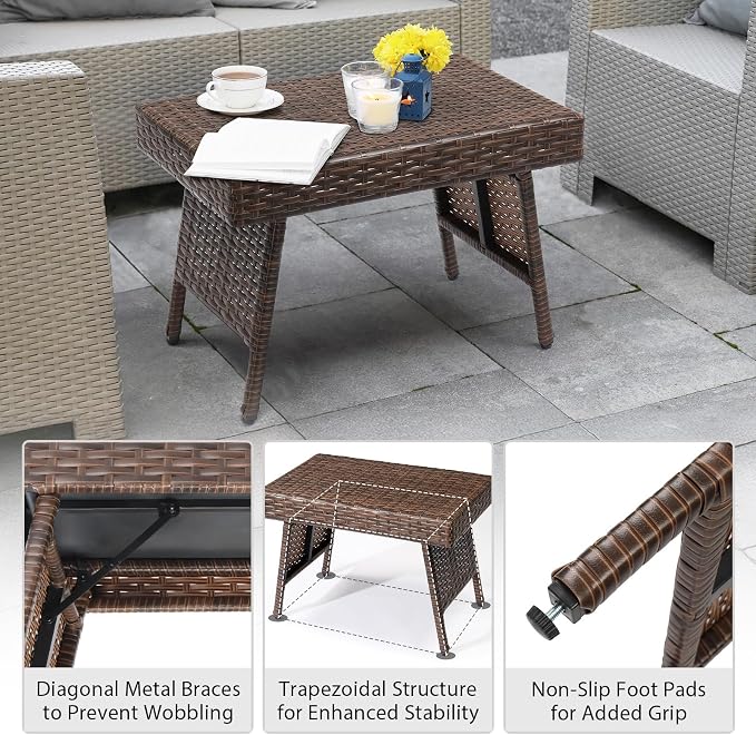 23.6" Rectangular Patio Side Table,Small Folding Wicker End Tables,All-Weather Rattan Coffee Table,Bistro Dining Tables,with Steel Frame,for Lawn Garden Backyard Deck Porch Poolside Balcony (Brown)
