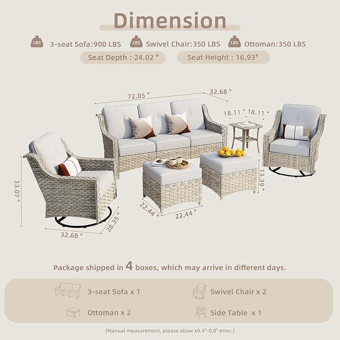 6-Piece Patio Furniture Set, Outdoor Conversation Set Sectional Sofa with Rocking Chairs and Water Resistant Cushions, Gray