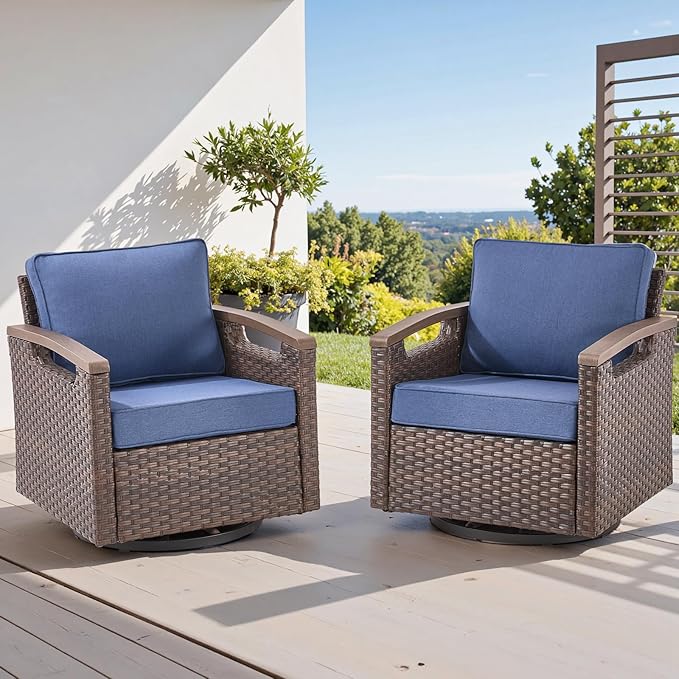 Rilyson 4 Piece Outdoor Patio Swivel Rocking Chairs, All Weather Wicker, Metal Armrest, Deep Seating, Thick Comfortable Cushions, Ideal for Deck Porch Backyard, Brown/Blue
