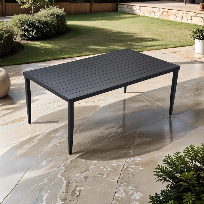 70” Patio Aluminum Dining Table, Outdoor Rectangle Dining Table with Tapered Feet & Umbrella Hole, All-Weather Modern Aluminum Table for Garden Backyard Bistro,Ember Black