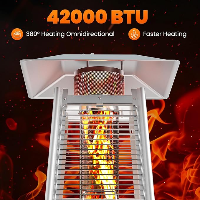 OLIXIS 48000 BTU LED Pyramid Patio Heater, Outdoor Heater with Wheels and Ignition, LED Propane Patio Heater for Home, Backyard, Garden, Deck, Patio