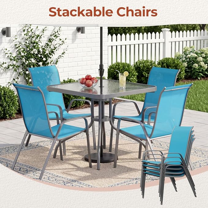 TLSUNNY Patio Dining Set 5 Pieces, All Weather Outdoor Furniture W/30"X 30" Table and 4 Stackable Textilene Chairs, Metal Table and Chairs for Lawn, Garden, Poolside, Backyard (Umbrella not Included)
