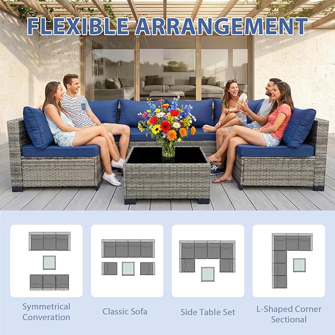 7-Piece Outdoor Wicker Furniture Set, PE Rattan Sectional Sofa with Coffee Table, All-Weather Patio Conversation Set with Thick Cushions for Backyard (Bule)