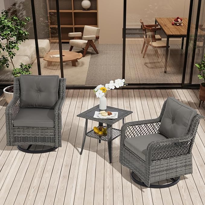 3 Pieces Patio Swivel Chairs, Wicker Patio Conversation Sets with Rocking Chair, Side Table for Outdoor Garden Porch Backyard(Light Grey)