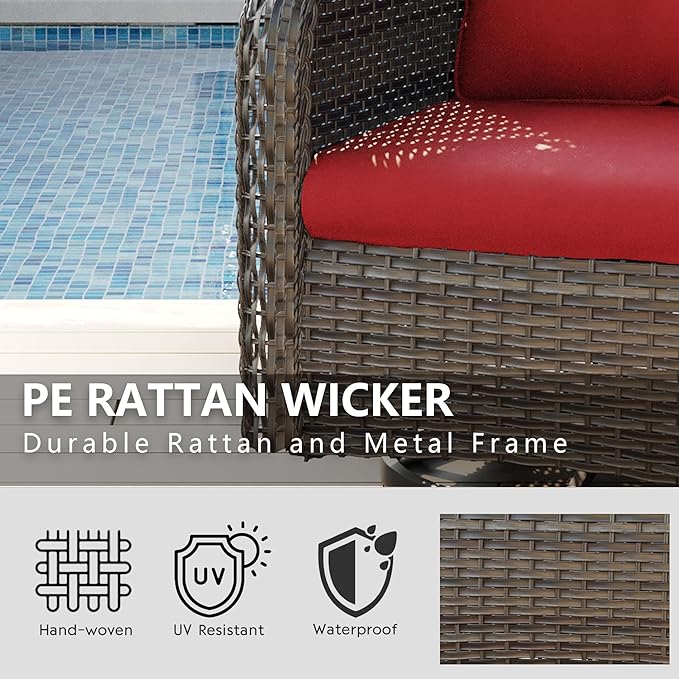 Outdoor 360 Degree Swivel Rocker Patio Chairs Sets of 2 and Matching Side Table - 3 Piece Patio Wicker Glider Chairs with Olefin Cushions(Mixed Grey/Red)