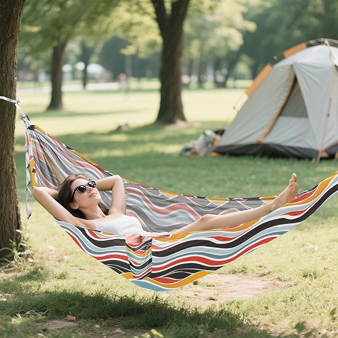 Camping Hammock Outdoor Hammocks for Outside Colorful Wavy Line Beach Trees Portable Lightweight with Pockets Tree Straps Indoor