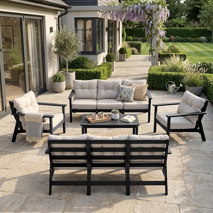 HDPE Patio Conversation Set 8 Seats, Outdoor Furniture Set, Patio Sofa Set | Water-Resistant Thick Cushion, HDPE All Weather, Wood-Grain, No Rot or Rust or Crack, UV Fade Shield, Easy-Clean for Outside
