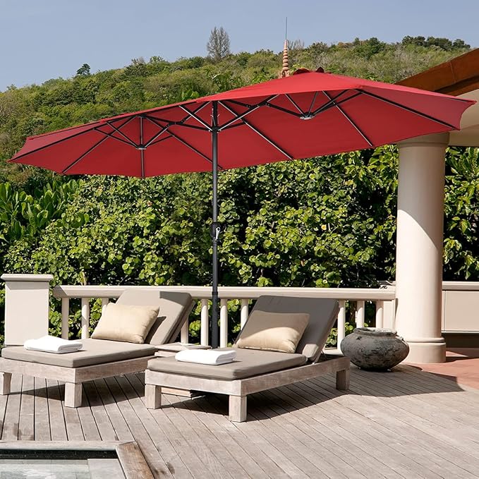 Tangkula 15FT Double-Sided Patio Umbrella, Outdoor Market Umbrella W/Hand-Crank System & Enhanced Base, Ultra-Large Twin Garden Umbrella W/ 12-Rib Structure for Residential & Commercial Use (Wine)